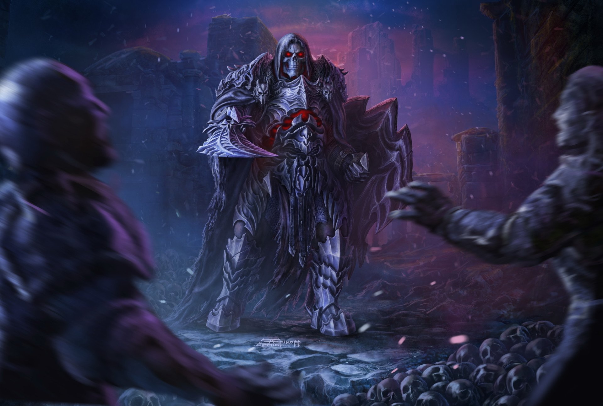 HD PC desktop wallpaper of a dark, armored skull warrior with glowing red eyes and a massive sword, standing amid ruined stones and scattered skulls.