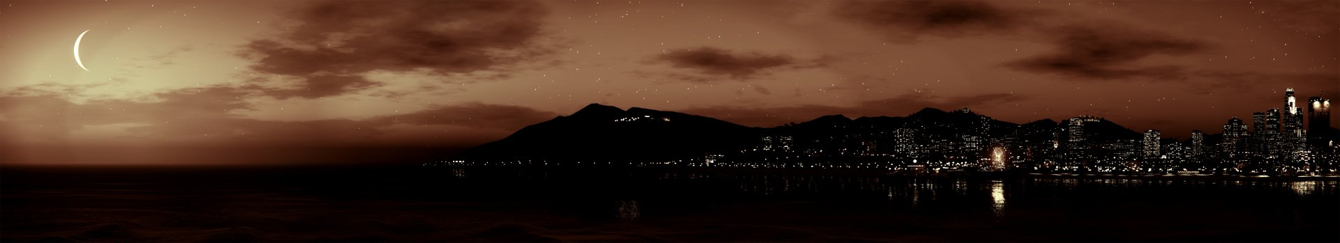 HD PC desktop wallpaper of Los Santos (video game Grand Theft Auto V) at night: moonlit sky and stars above silhouetted hills, city lights glittering with water reflections.