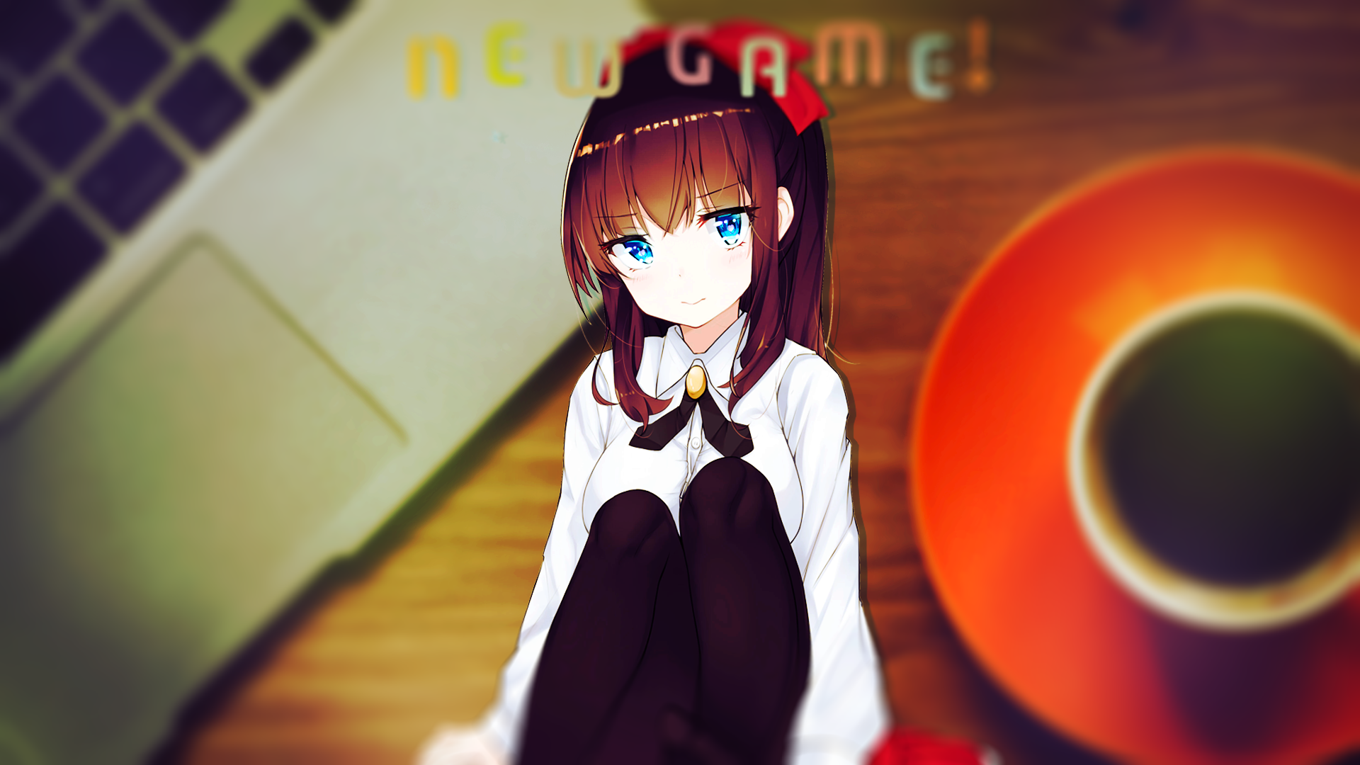 HD PC desktop wallpaper featuring Hifumi Takimoto from the anime New Game!, with a blurred background of a laptop and a coffee cup.