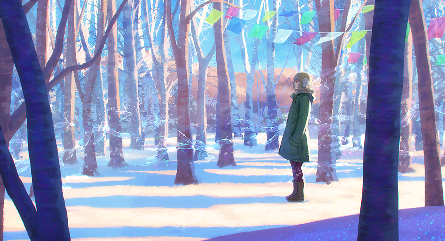 A serene HD wallpaper featuring an anime scene with a person standing amidst a snowy birch forest, bathed in sunlight. Colorful flags hang above, adding a touch of vibrancy to the tranquil setting.