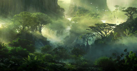 HD desktop wallpaper featuring a fantasy landscape with a lush, green forest. Sunlight filters through the trees, creating a mystical atmosphere.