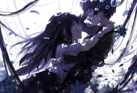 Anime characters Hōtarō Oreki and Eru Chitanda from Hyouka in a beautifully illustrated embrace, surrounded by petals and water droplets. HD desktop wallpaper and background.