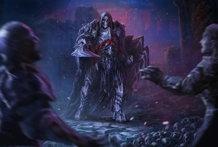 HD PC desktop wallpaper of a dark, armored skull warrior with glowing red eyes and a massive sword, standing amid ruined stones and scattered skulls.