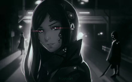 Anime-style HD desktop wallpaper featuring a long-haired cyborg with glowing eyes in a dark, futuristic urban setting.