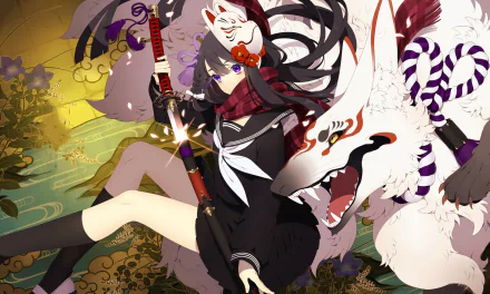 HD anime desktop wallpaper featuring a girl in a school uniform with purple eyes and a mask, wielding a katana, accompanied by a large, fierce beast.