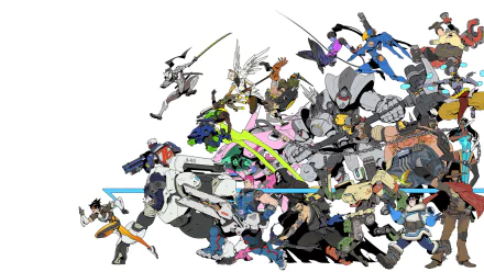A dynamic HD wallpaper featuring a colorful lineup of characters from the video game Overwatch, set against a clean white background.