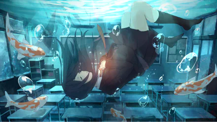Anime artwork of a schoolgirl in uniform floating underwater in a flooded classroom with koi fish and bubbles. HD desktop wallpaper background.