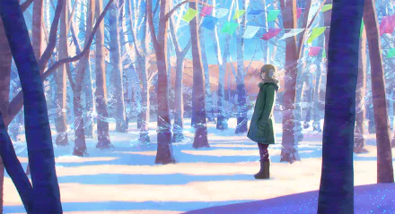 A serene HD wallpaper featuring an anime scene with a person standing amidst a snowy birch forest, bathed in sunlight. Colorful flags hang above, adding a touch of vibrancy to the tranquil setting.