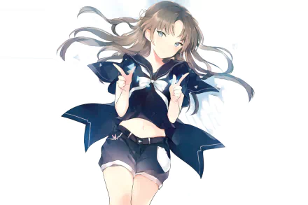 Anime original: brown‑haired girl with blue eyes in a cropped school uniform jacket and denim shorts, making a playful peace sign — HD PC desktop wallpaper background.