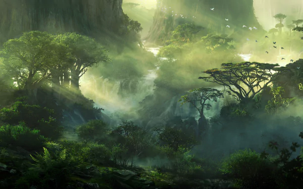 HD desktop wallpaper featuring a fantasy landscape with a lush, green forest. Sunlight filters through the trees, creating a mystical atmosphere.