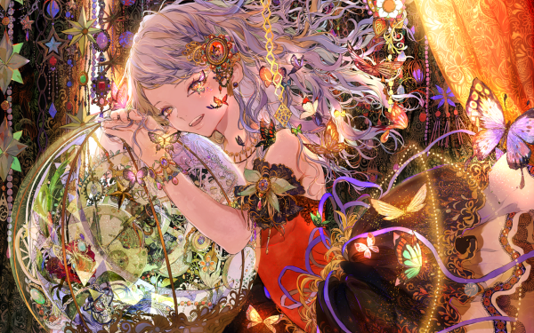 Anime Original White Hair Yellow Eyes Butterfly Ball Dress Flower HD Wallpaper | Background Image