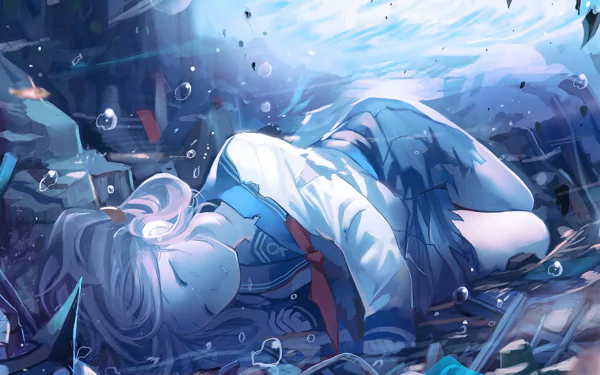 Inazuma (Kantai Collection) in a school uniform floating underwater amid bubbles, serene anime scene — HD PC desktop wallpaper/background.