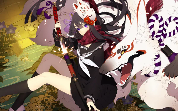 HD anime desktop wallpaper featuring a girl in a school uniform with purple eyes and a mask, wielding a katana, accompanied by a large, fierce beast.