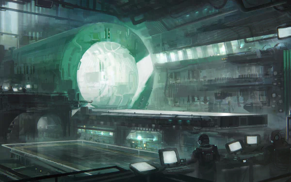 Futuristic sci-fi space station hangar with people working inside a large, illuminated building, rendered in 4K Ultra HD for PC desktop wallpaper and background.