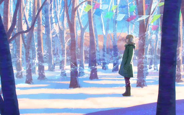 A serene HD wallpaper featuring an anime scene with a person standing amidst a snowy birch forest, bathed in sunlight. Colorful flags hang above, adding a touch of vibrancy to the tranquil setting.