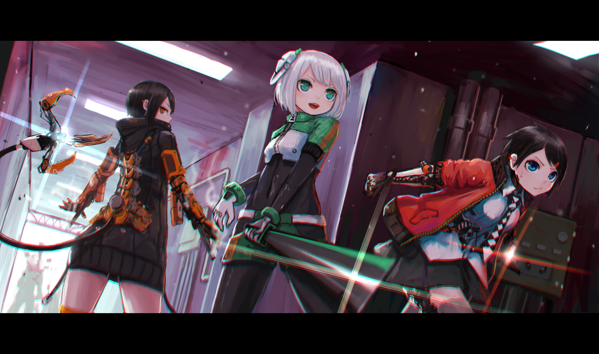 HD anime desktop wallpaper featuring three original cyborg characters with hooded jackets, striking white, black, and multi-colored hair and eyes in a futuristic setting.