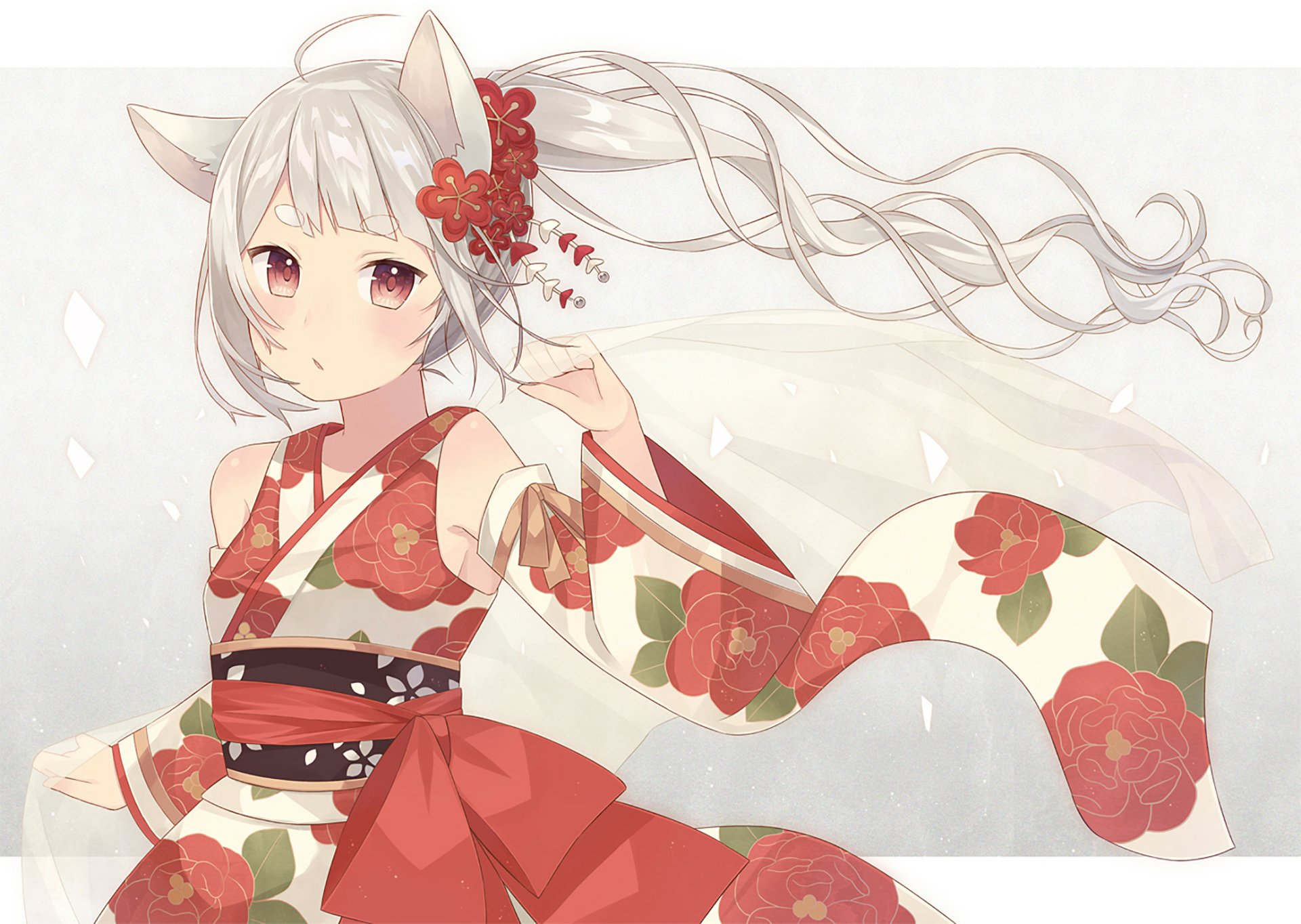 Anime-style original character with long white hair, red eyes, and flower decorations, wearing a red and white floral yukata in an HD desktop wallpaper background.