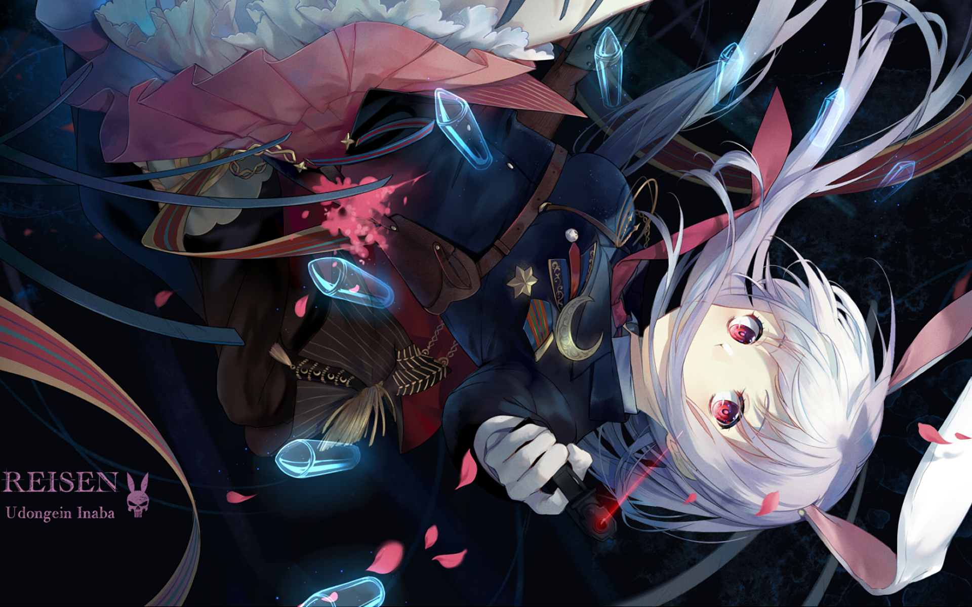 HD PC desktop wallpaper featuring Reisen Udongein Inaba from the anime Touhou, showcasing her with glowing blue butterflies and delicate pink petals against a dark background.