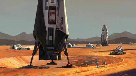 HD desktop wallpaper featuring astronauts and spaceships on a Martian-like terrain with buildings and vehicles in the background.
