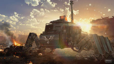 HD PC desktop wallpaper and background of the video game Crossout: a heavily armored, multi-legged combat vehicle with turret advancing across a burning, smoke-filled battlefield at sunset.
