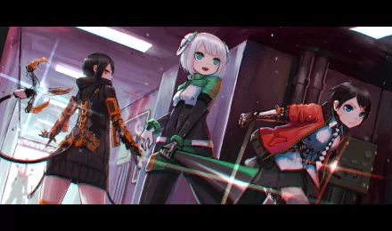 HD anime desktop wallpaper featuring three original cyborg characters with hooded jackets, striking white, black, and multi-colored hair and eyes in a futuristic setting.