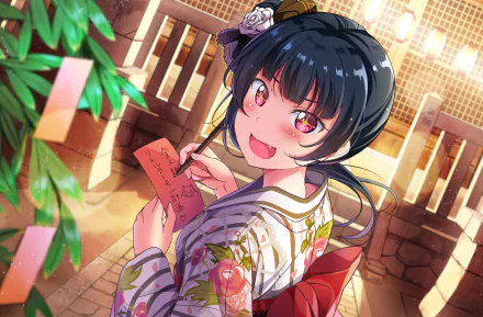 Yoshiko Tsushima from Love Live! Sunshine!! smiling in a floral yukata, writing a tanzaku amid warm lanterns at a festival — 2K Quad HD anime PC desktop wallpaper and background.