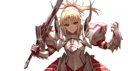 HD desktop wallpaper featuring Mordred (Saber of Red) from Fate/Apocrypha, clad in white and red armor, holding a sword with a confident expression.