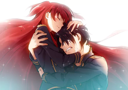 HD desktop wallpaper featuring Willem Kmetsch and Chtholly Nota Seniorious from the anime SukaSuka. Chtholly embraces Willem with a sorrowful yet comforting expression.