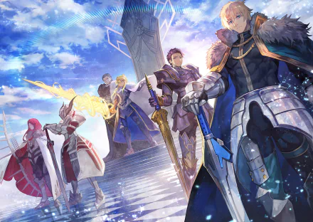 HD wallpaper featuring characters Agravain, Artoria Pendragon, Gawain, Lancelot, Saber, Saber of Red, and Tristan from Fate/Grand Order. Vivid anime artwork with knights in armor against a majestic sky.