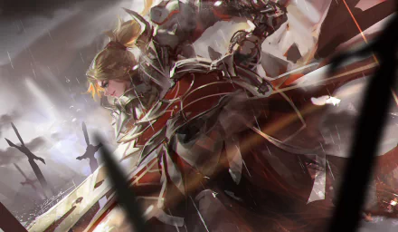 An anime-style HD wallpaper featuring Mordred (Saber of Red) from Fate/Apocrypha. The blonde woman warrior with a ponytail is clad in armor, wielding a sword amidst a rainy battlefield.