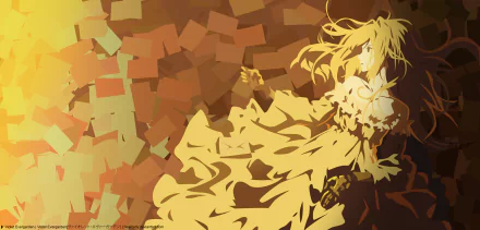 HD desktop wallpaper of Violet Evergarden, an anime character, surrounded by scattered papers. Her golden hair and attire blend dynamically with the warm, gradient background.