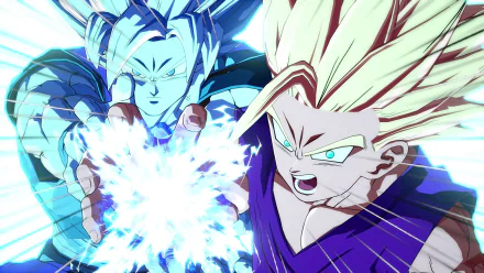 HD desktop wallpaper featuring Goku and Gohan from Dragon Ball FighterZ, a popular video game. The vibrant image showcases intense energy and action, with both characters in powerful, dynamic poses.