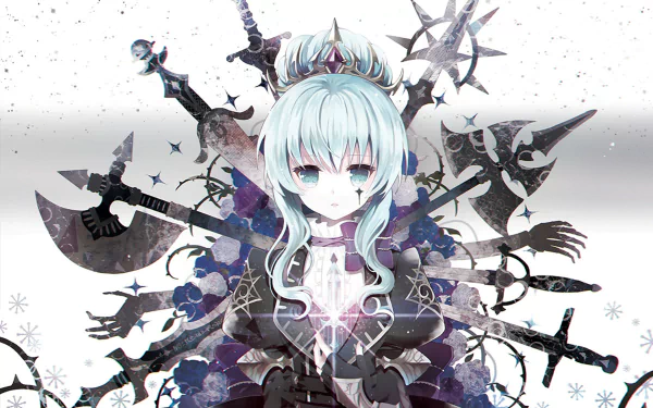 Anime original character with aqua hair and eyes, wearing a crown, surrounded by various blades, swords, and axes in an HD PC desktop wallpaper.