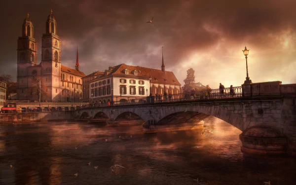 Sunlit historic buildings and a bridge in Zurich, Switzerland, with a seagull soaring above, captured in this HD desktop wallpaper and background.