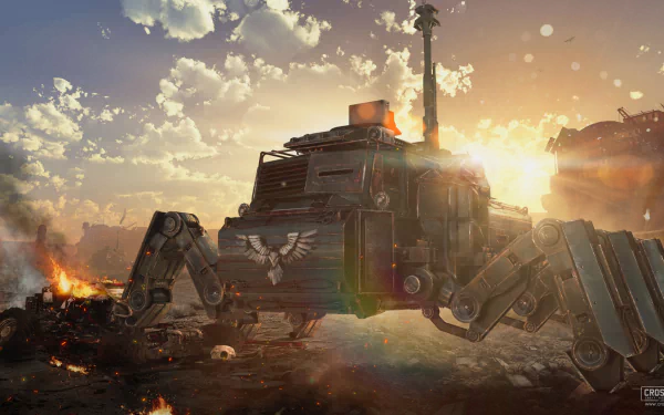 HD PC desktop wallpaper and background of the video game Crossout: a heavily armored, multi-legged combat vehicle with turret advancing across a burning, smoke-filled battlefield at sunset.