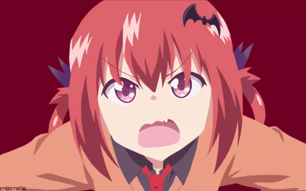 Close-up of Satanichia Kurumizawa McDowell from Gabriel DropOut, red-haired and shouting with a bat hairclip, bold flat colors — 2K Quad HD PC desktop wallpaper.