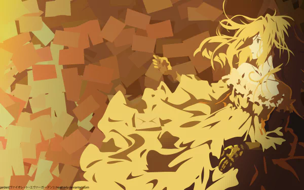 HD desktop wallpaper of Violet Evergarden, an anime character, surrounded by scattered papers. Her golden hair and attire blend dynamically with the warm, gradient background.