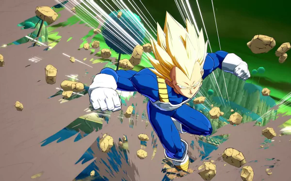 HD desktop wallpaper featuring Vegeta from Dragon Ball FighterZ, showcasing Vegeta in an action-packed scene with dynamic poses and vibrant colors, inspired by the Dragon Ball series and video games.