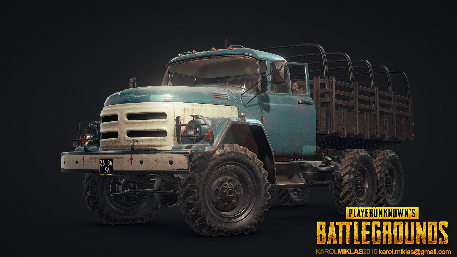 HD PlayerUnknown's Battlegrounds desktop wallpaper featuring an in-game rugged truck on a dark background.