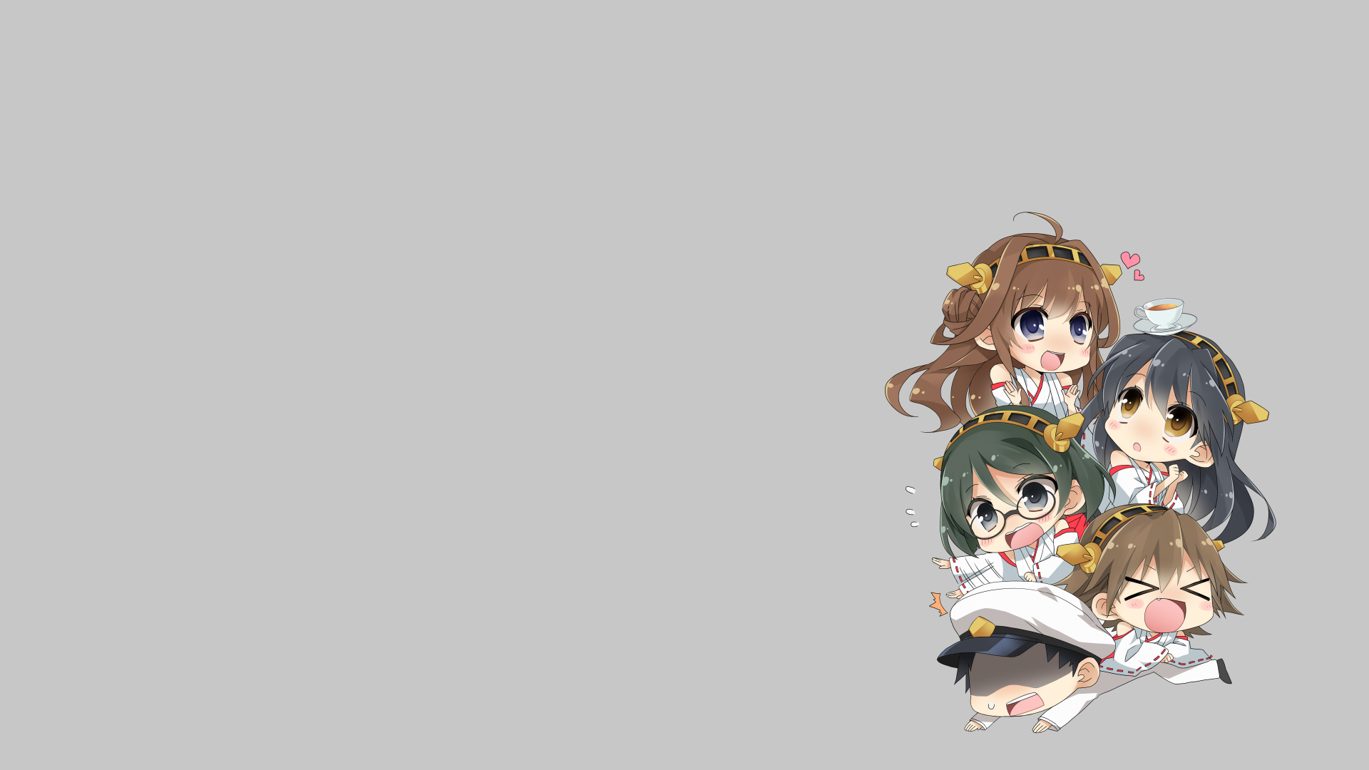 HD PC desktop wallpaper featuring chibi-style anime characters Admiral, Haruna, Kirishima, Hiei, and Kongou from Kantai Collection (Kancolle).