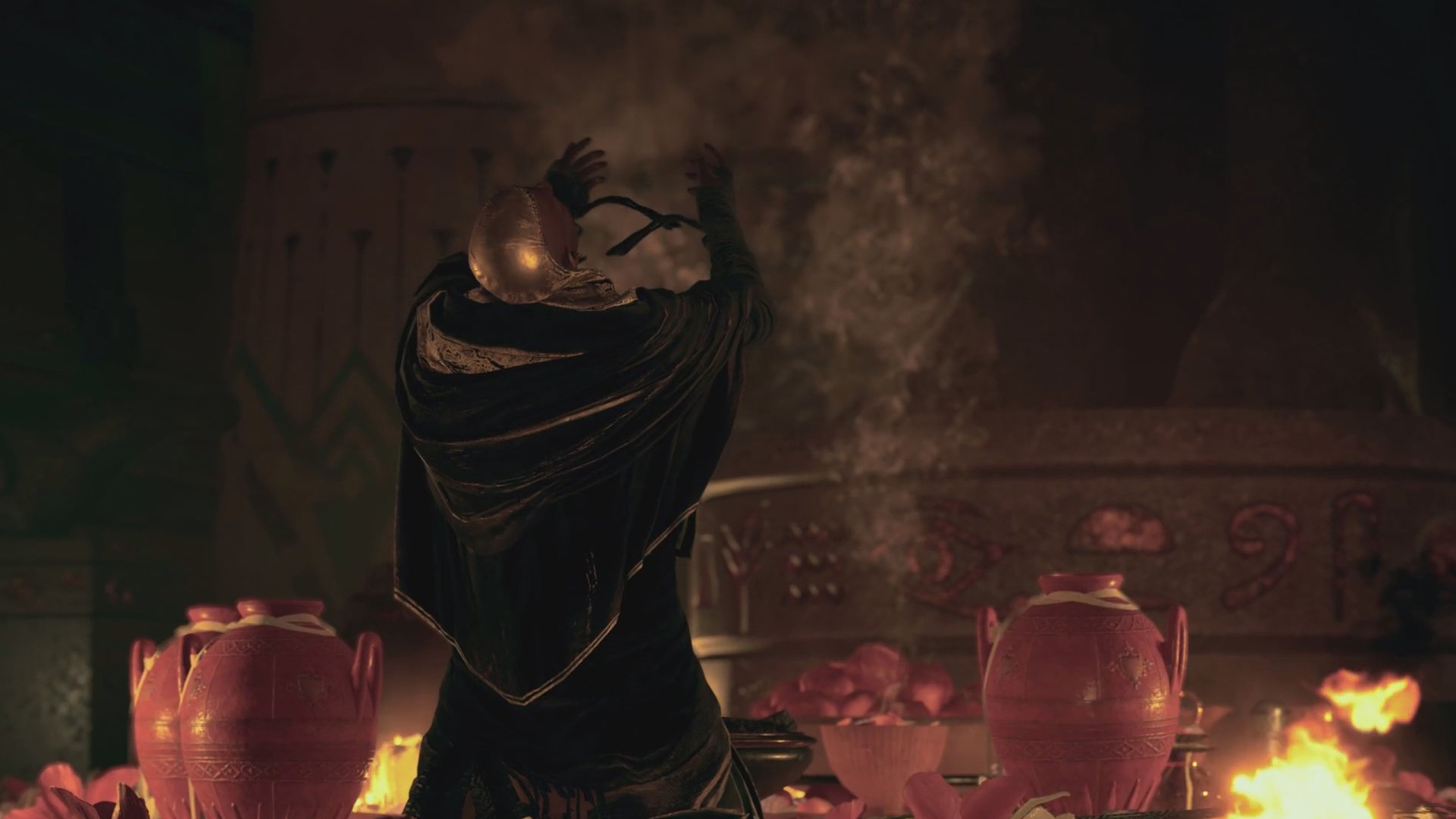 A priest surrounded by smoke performs a ritual inside an ancient temple in an HD Assassin's Creed Origins video game wallpaper.