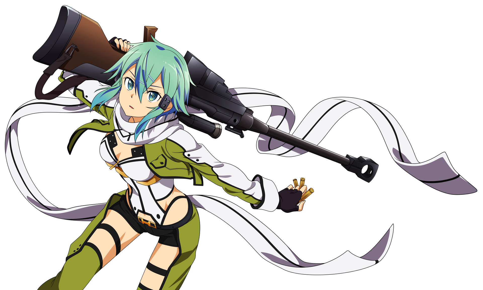 HD desktop wallpaper featuring Shino Asada from Sword Art Online II. The anime character is depicted with distinct blue hair and a sniper rifle.