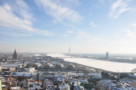 building horizon cityscape river Latvia city winter tower man made Riga HD Desktop Wallpaper | Background Image