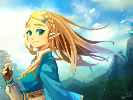 HD desktop wallpaper featuring Princess Zelda from the video game The Legend of Zelda: Breath of the Wild, with a colorful, scenic background.