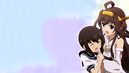 HD PC desktop wallpaper of Fubuki (Kancolle) and Kongou (Kancolle) from Kantai Collection — anime-style scene of Kongou hugging smiling Fubuki against a soft pastel background.