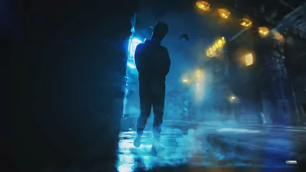A silhouette of a person walking through a neon-lit, foggy urban environment, capturing a moody sci-fi cyberpunk scene in HD quality for a PC desktop background.
