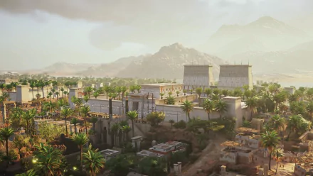 HD desktop wallpaper featuring a Temple in Egypt surrounded by palm trees with a mountain in the background from the video game Assassin's Creed Origins.