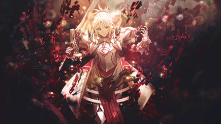 HD desktop wallpaper of Saber of Red, also known as Mordred, from Fate/Apocrypha. The anime character stands confidently wielding a sword, surrounded by dramatic red and dark hues.