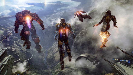 HD desktop wallpaper of the video game Anthem, featuring four exo-suited characters flying over a mountainous landscape.