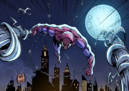 HD desktop wallpaper and background featuring Spider-Man swinging through a cityscape at night, with a full moon and tall buildings in the backdrop.